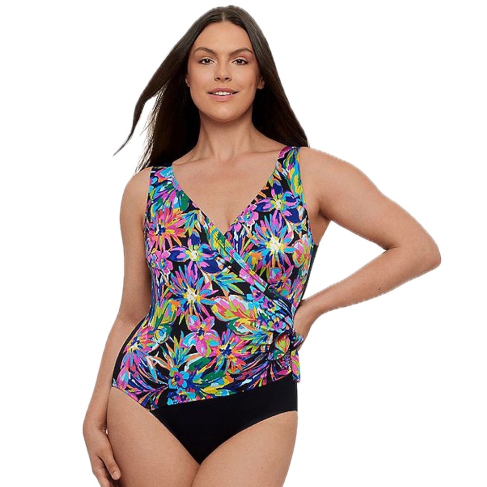 Great Lengths colorful tropical print Side Tie Surplice One-Piece Swim Suit 24